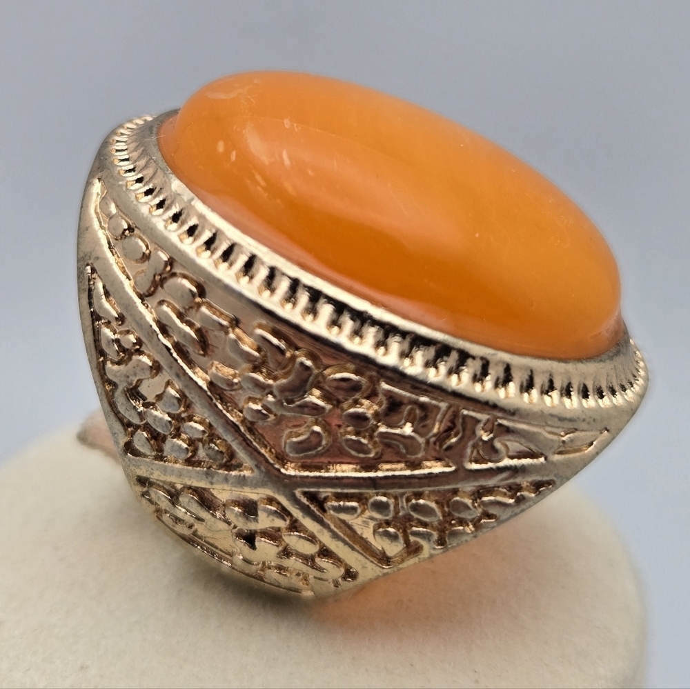 Orange Burmese Jadeite Oval Stone Gold Tone Statement Ring Size 5.5